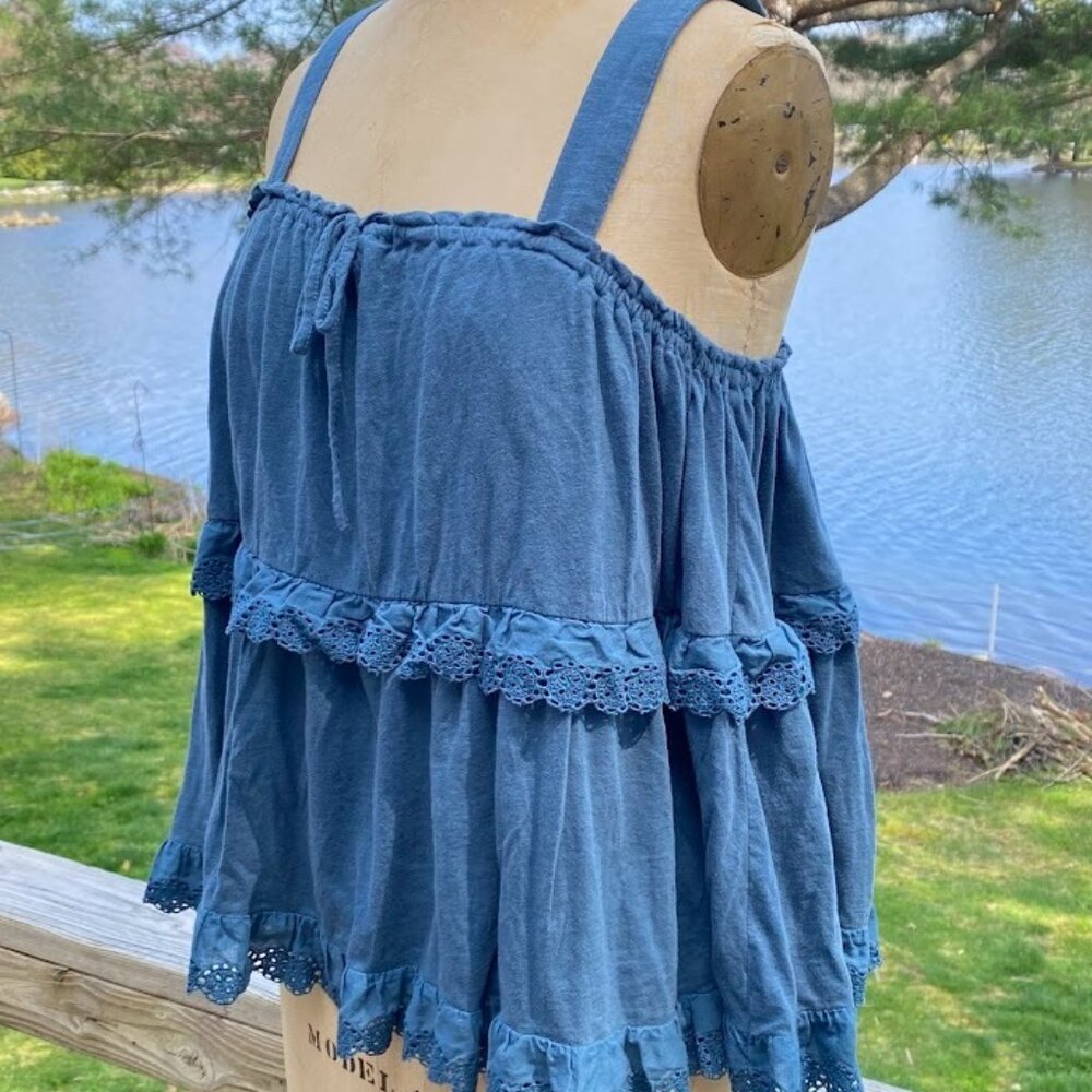 Dusty Blue Ruffled Top by Anthropologie, Size L